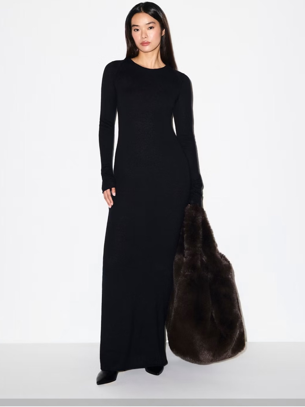 SKIMS Black Long-Sleeve Ribbed Maxi Dress